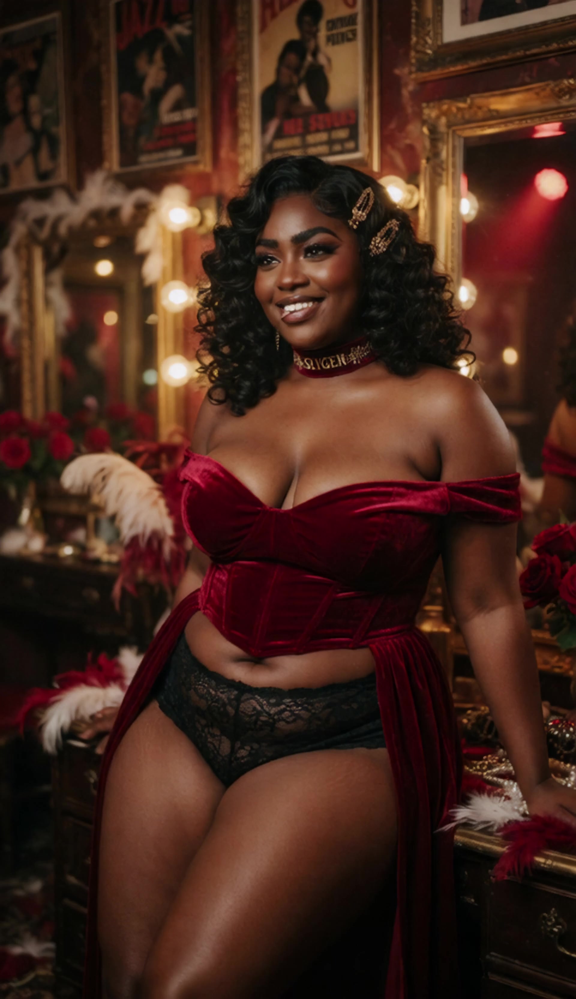 Пышнотелая негритянка джаз-певица после выступления обнажила сиськи