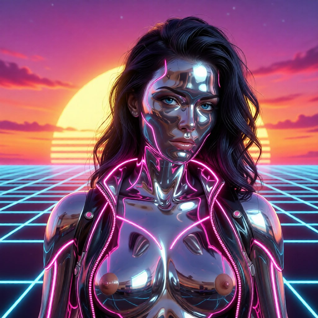 Retro synthwave 80s sci-fi, adult synth android woman, metallic chrome skin with glowing pink seams, open unzipped space jacket exposing bust, retro grid sunset background, 8k photorealism.