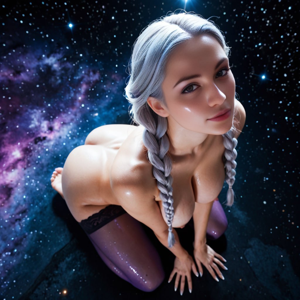 1girl, galactic siren, curvy hourglass figure, large natural teardrop breasts, shimmering starry purple skin, floating glowing silver braids
