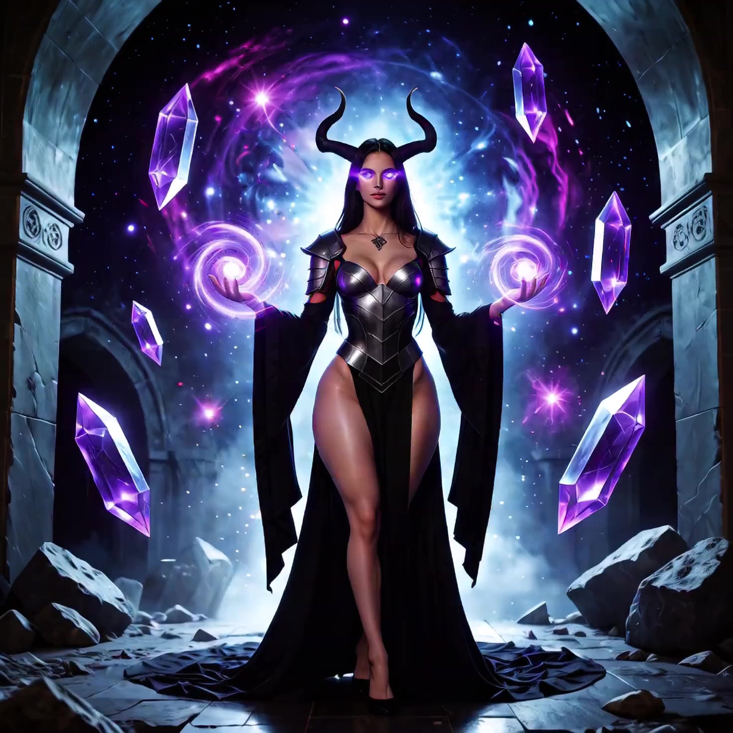 The sorceress expands the glowing violet plasma orb between her palms; purple light...