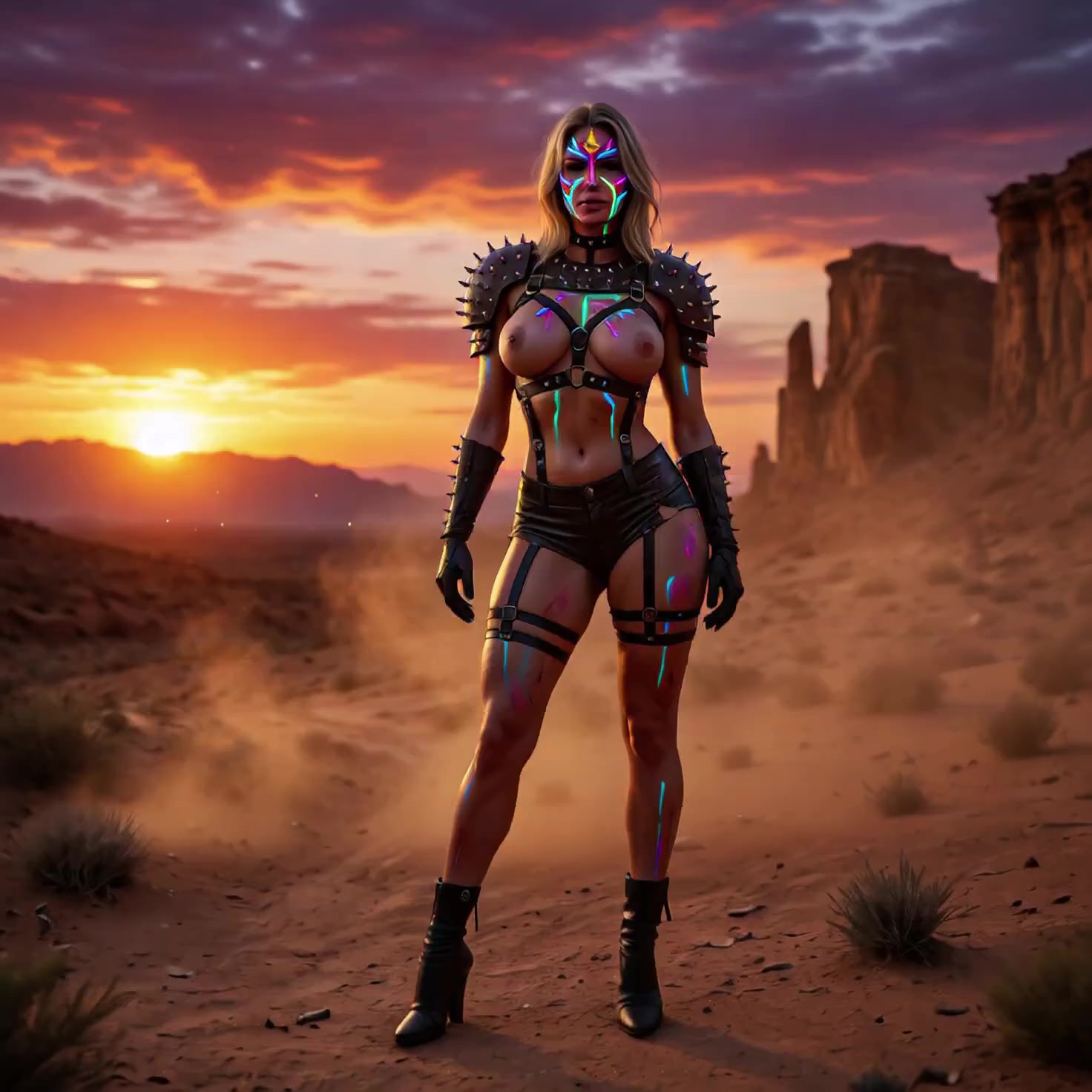 Heavy metallic buckles on her chest harness snap open under tension; leather straps drop awa...