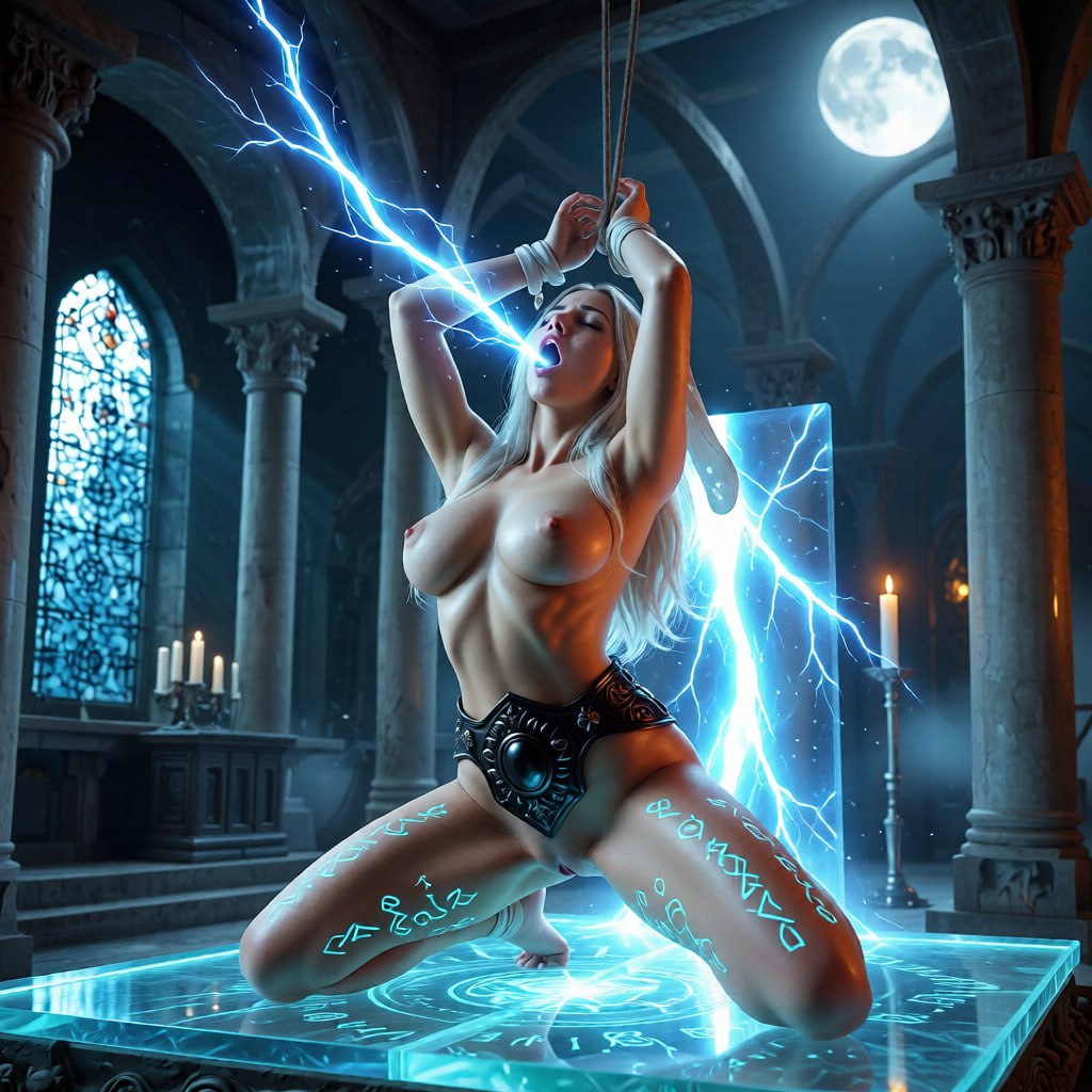 adult high-elf priestess arched on living-glass altar, dead-moon temple...