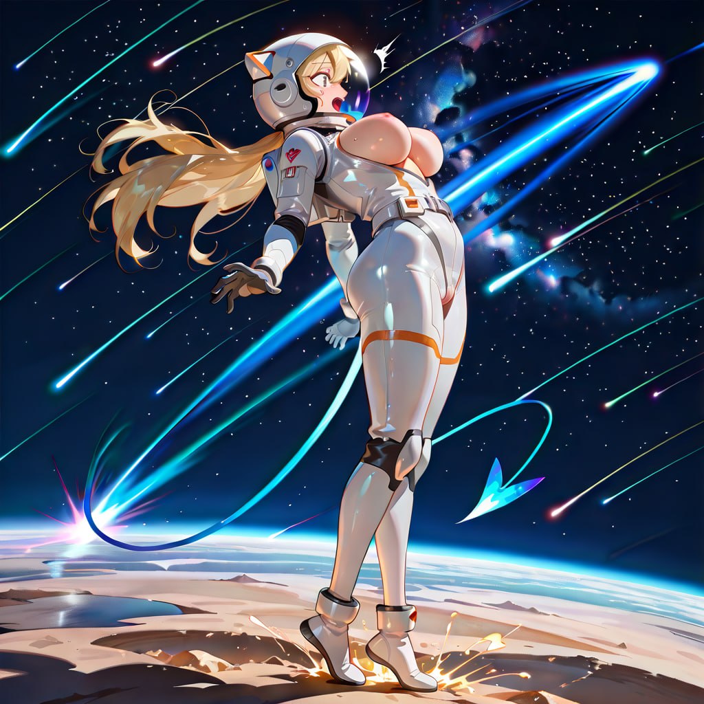 adult comet-rider arched on blazing comet tail, cracked open spacesuit...