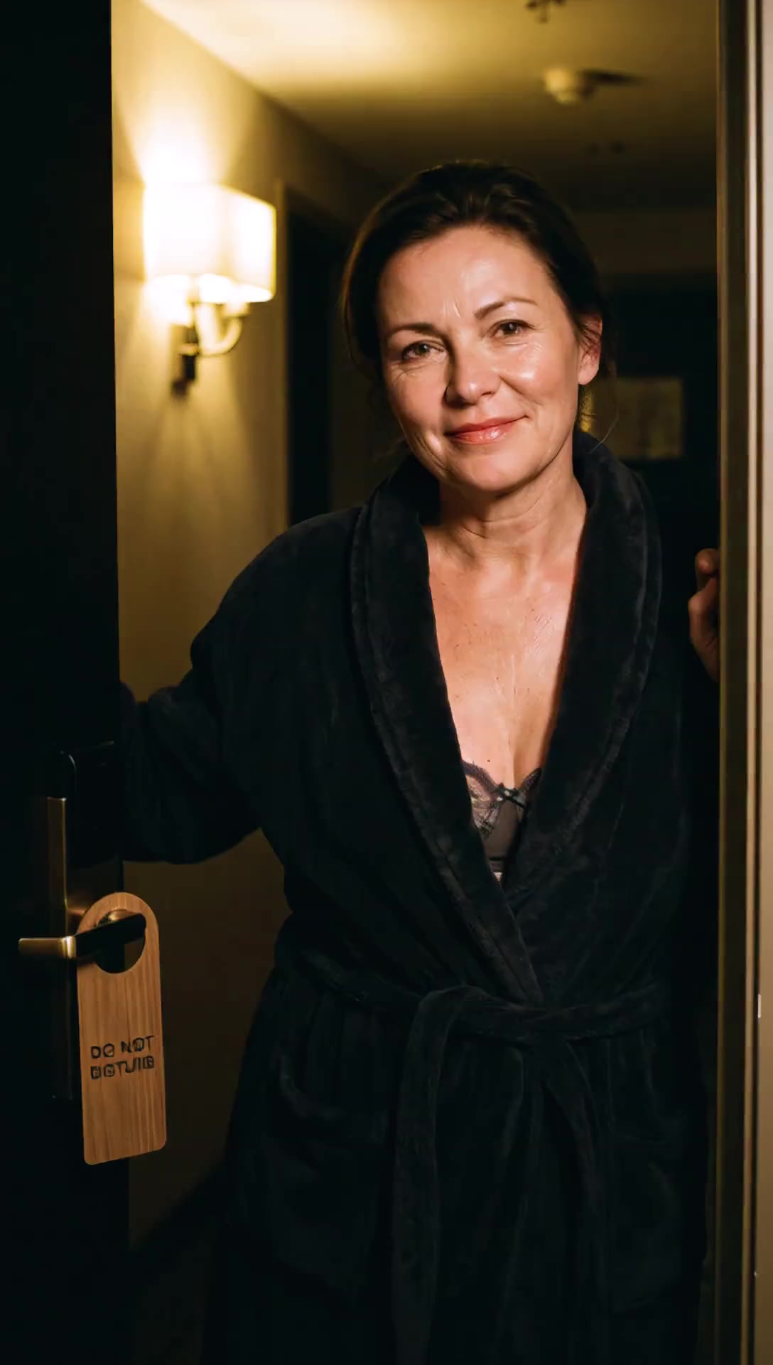 0-2s: breathtaking woman opens hotel door, robe falls off shoulders exposing bare...