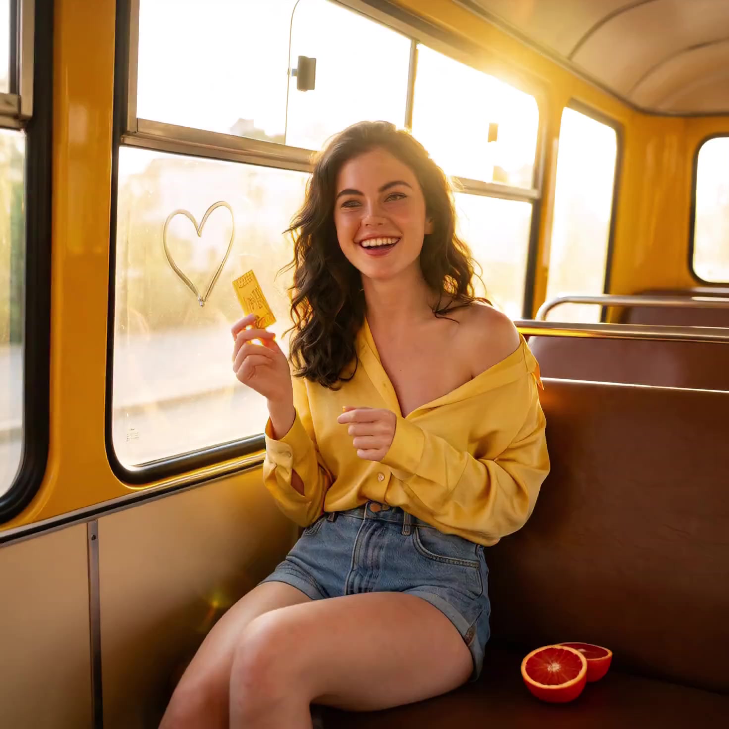 [0-2s]: Sitting by the sunny bus window, she traces a heart on the glass pane with her...