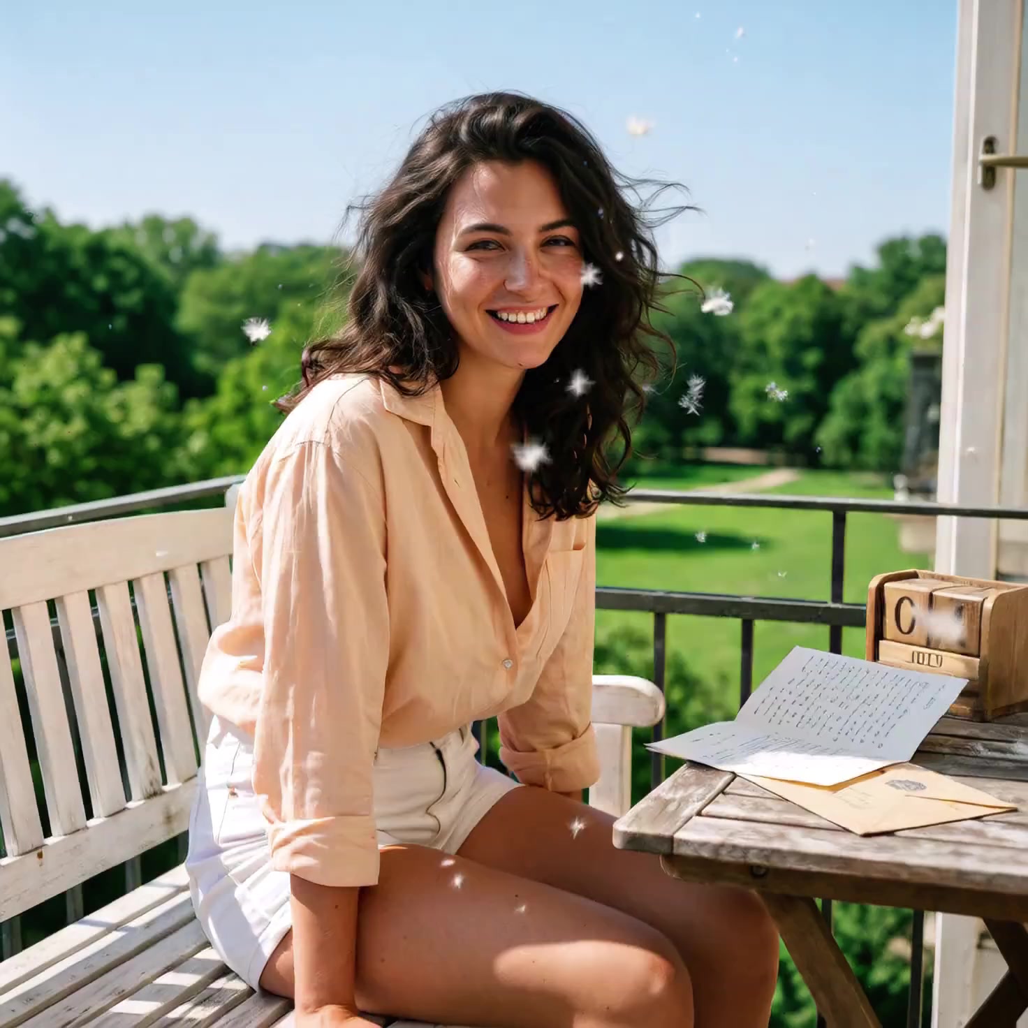 [0-2s]: Sitting on the bench, she holds a soft piece of white poplar fluff in her open palm,..