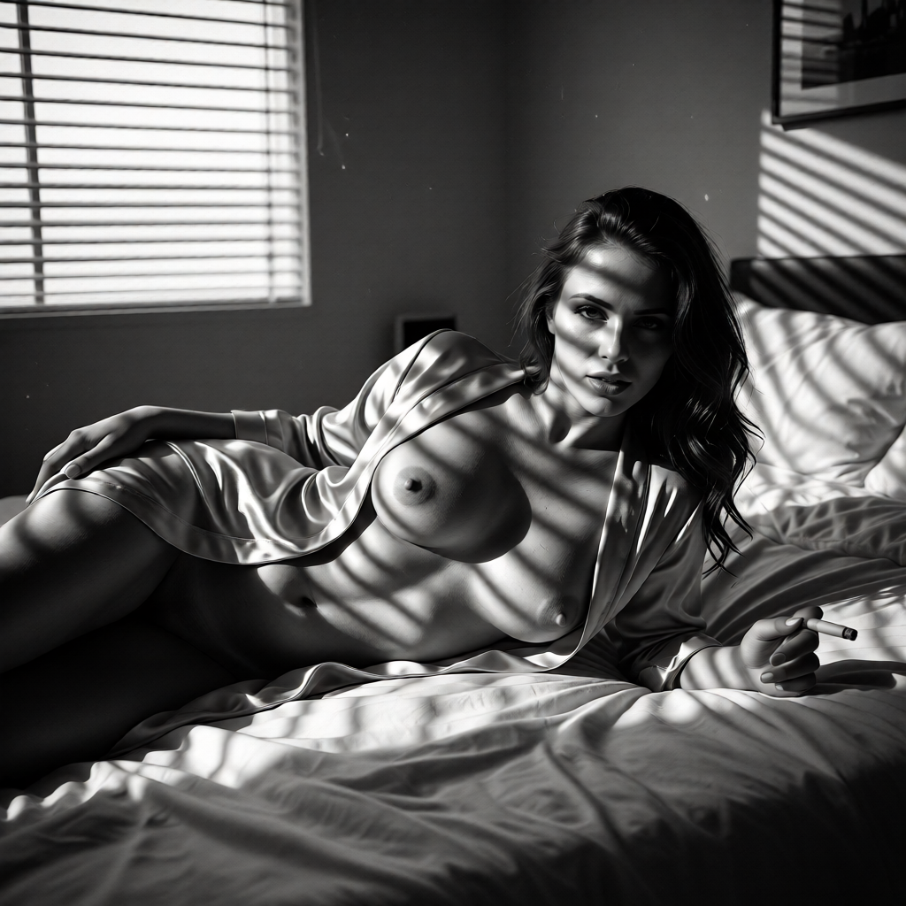Noir hotel room, 1940s. Woman on the bed, silk rob...