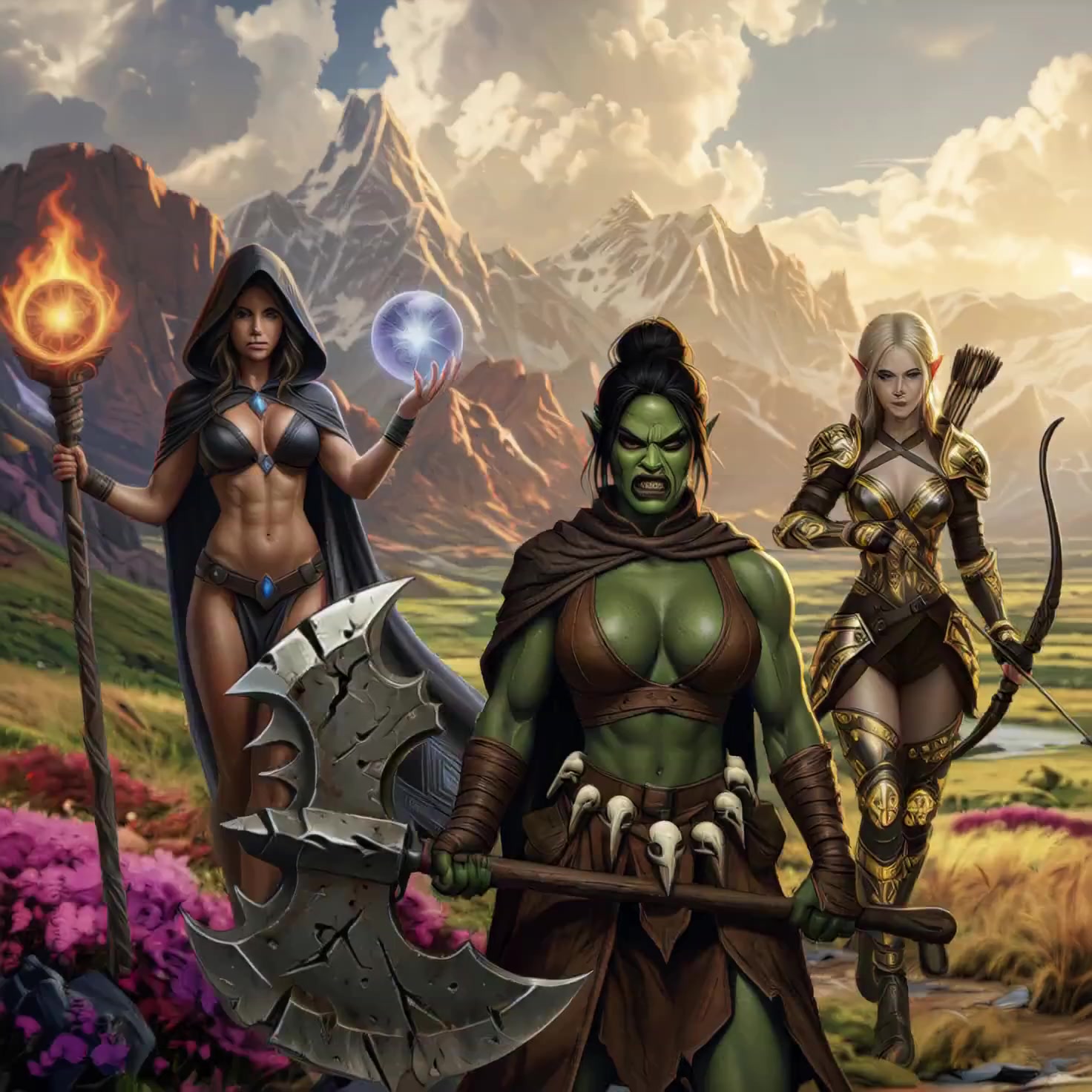 A clearing, light fog. 3 female warriors (an elf a...