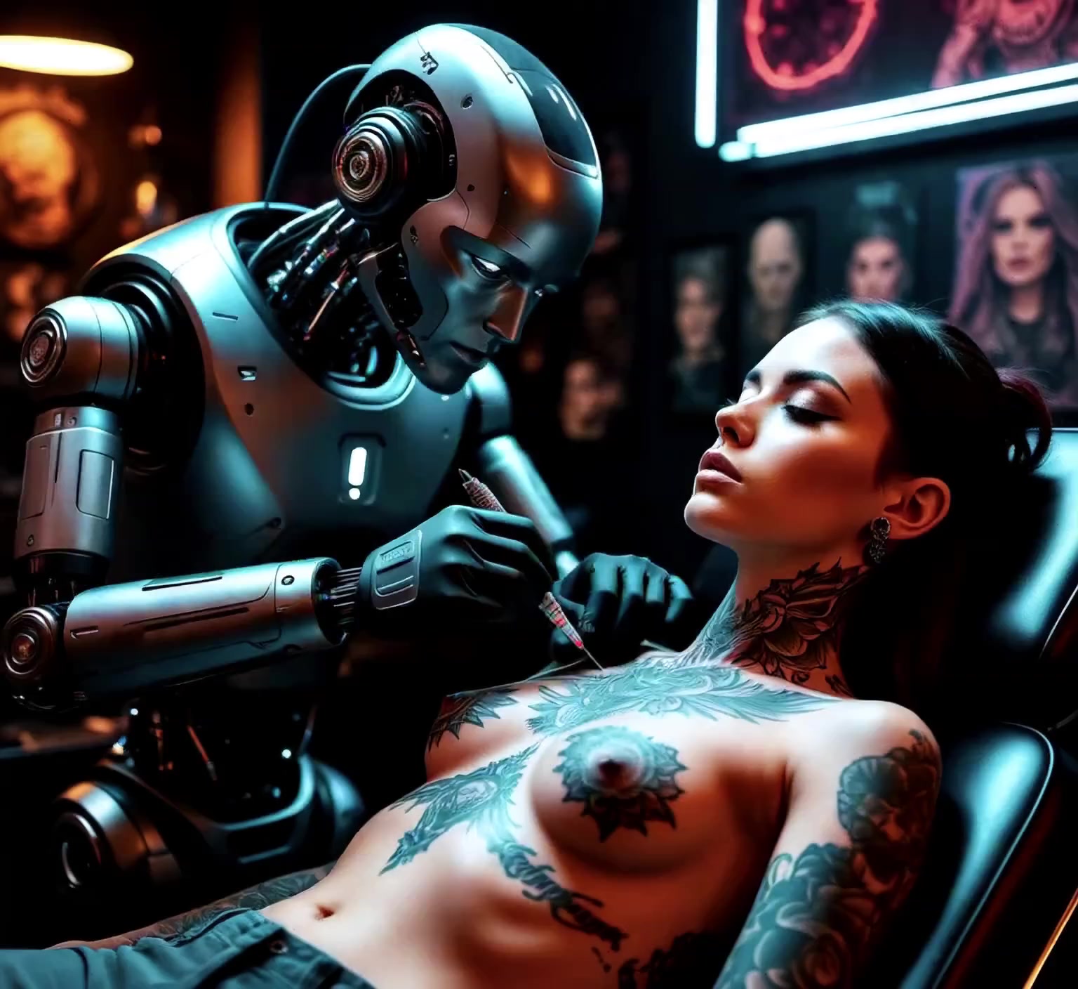 A futuristic tattoo parlor in a cyberpunk style. T...