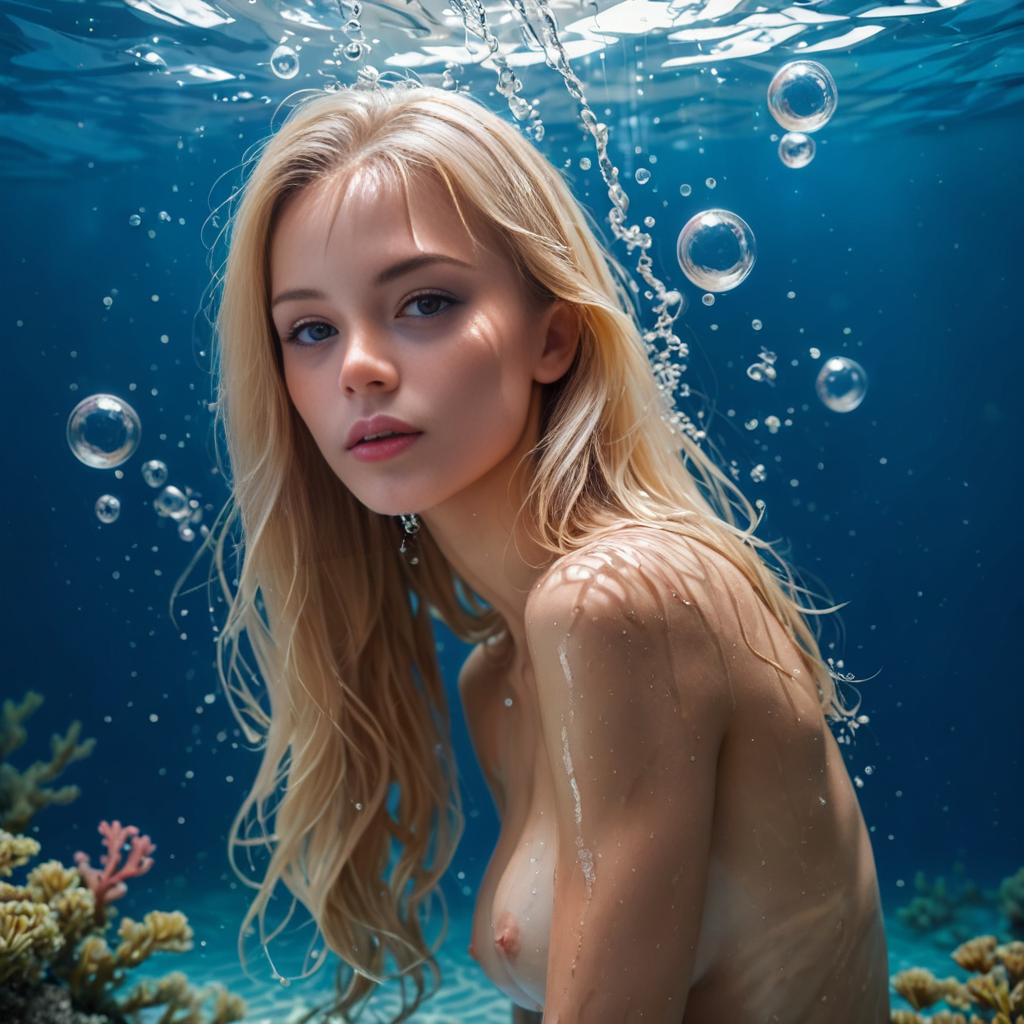 A realistic photo of a nude blonde woman swimming ...