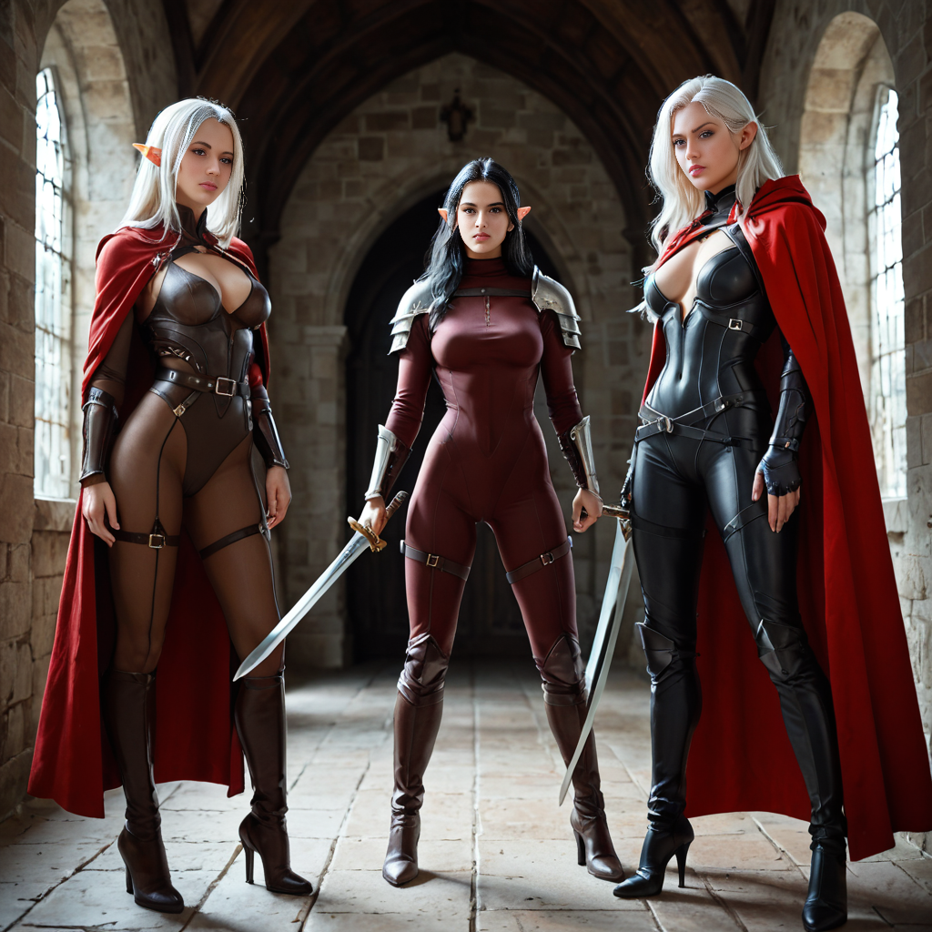 3girls, medieval, 3 девушки стоят рядом, первая де...