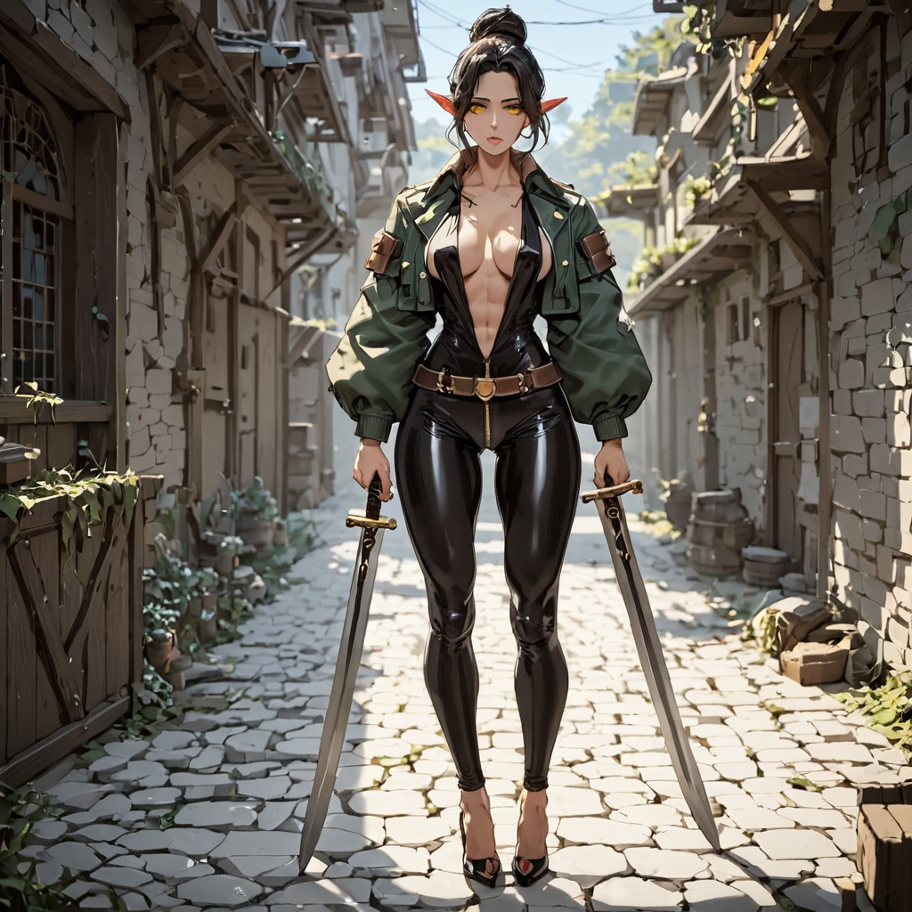 A dark elf with D-size breasts, wearing tight brow...
