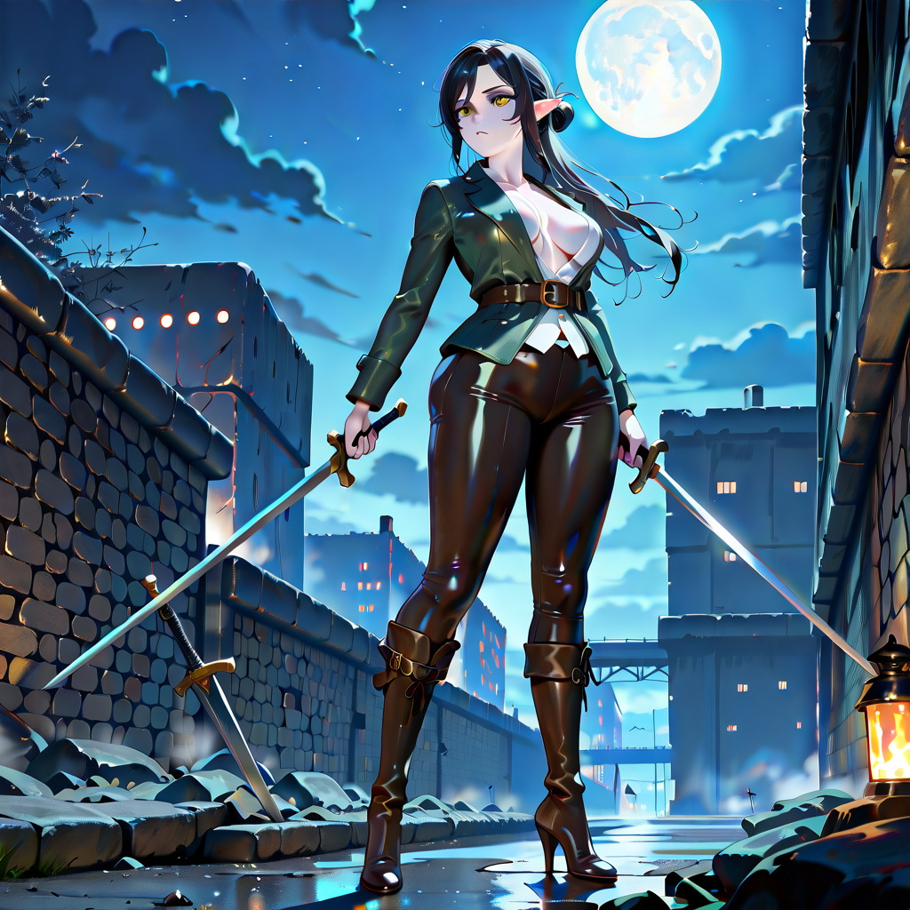 A dark elf with size D breasts, dressed in tight d...
