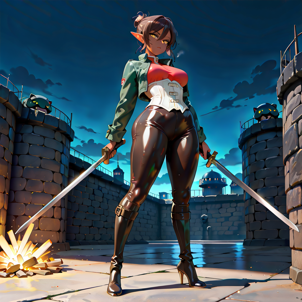 A dark elf with size D breasts, dressed in tight d...