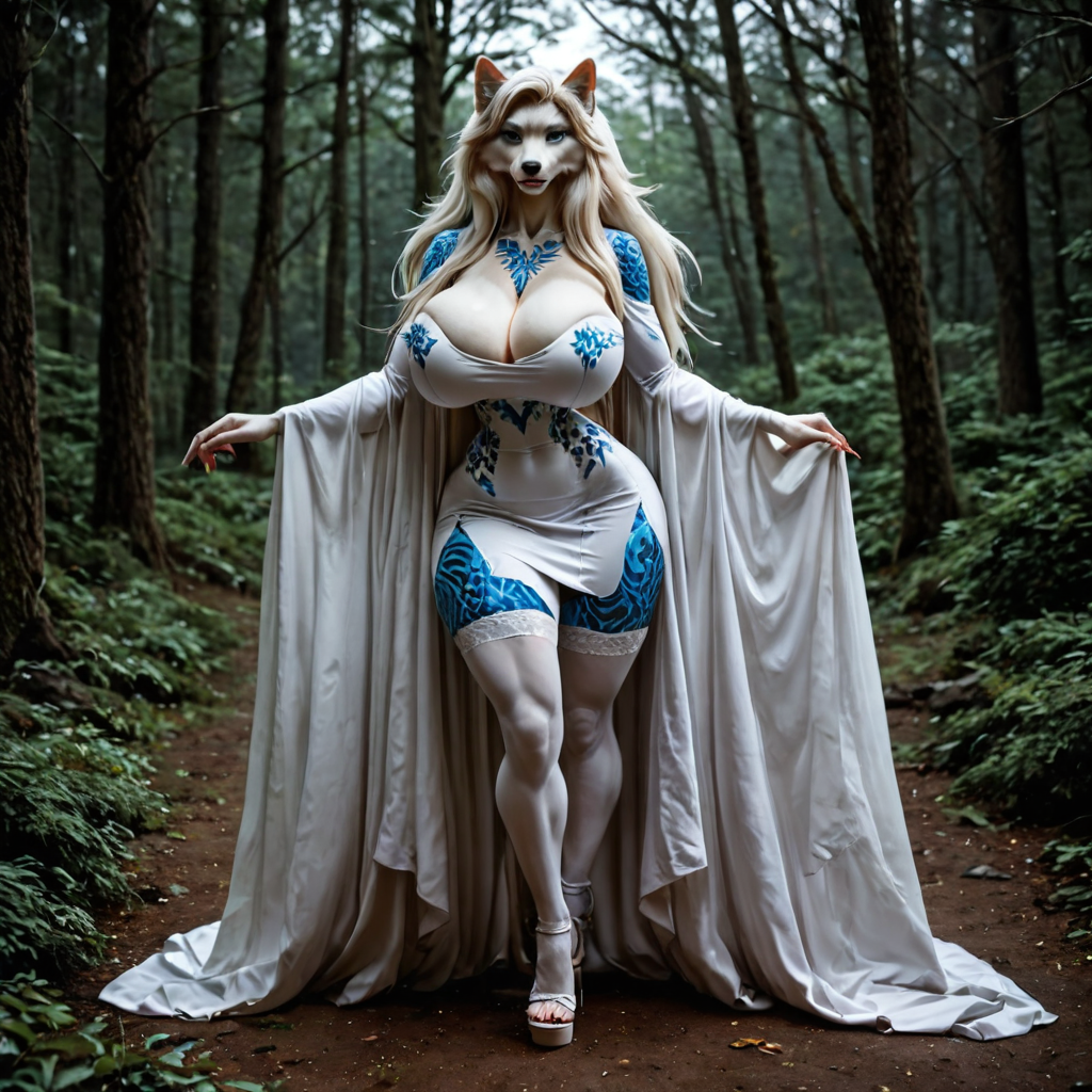 A beastman wolf girl with F-size breasts, dressed ...